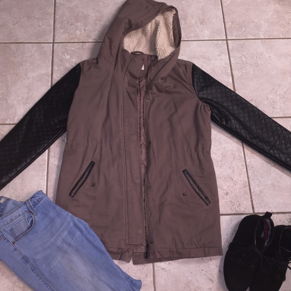 Brown & Black Winter Coat, Leathery material